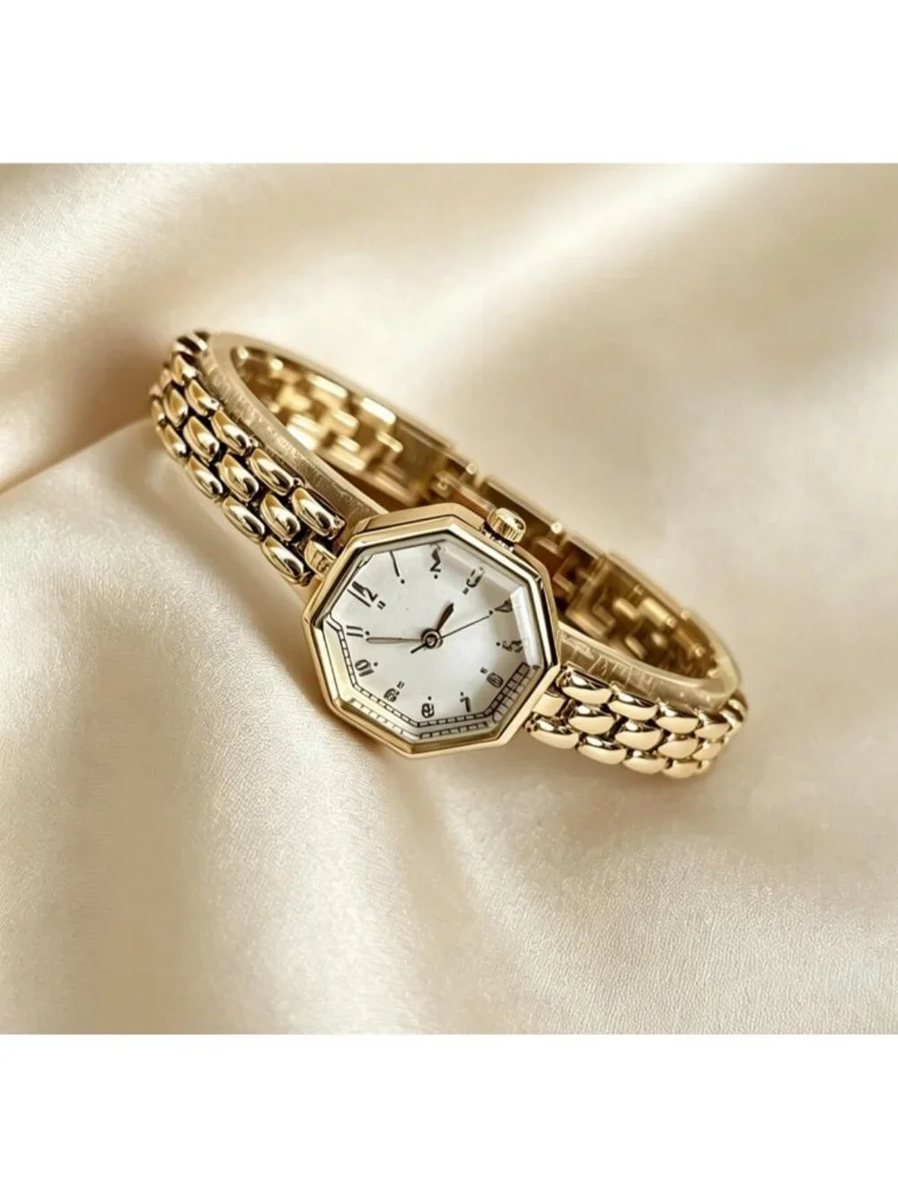 Women's Gold White Octagonal Stainless Steel Dress Quartz Vintage Wrist Watches